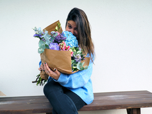 Ramo de flores con Limonium, Hortensias, Estatice, Lisianthus, Escabiosa, Eucalipto, Lentisco